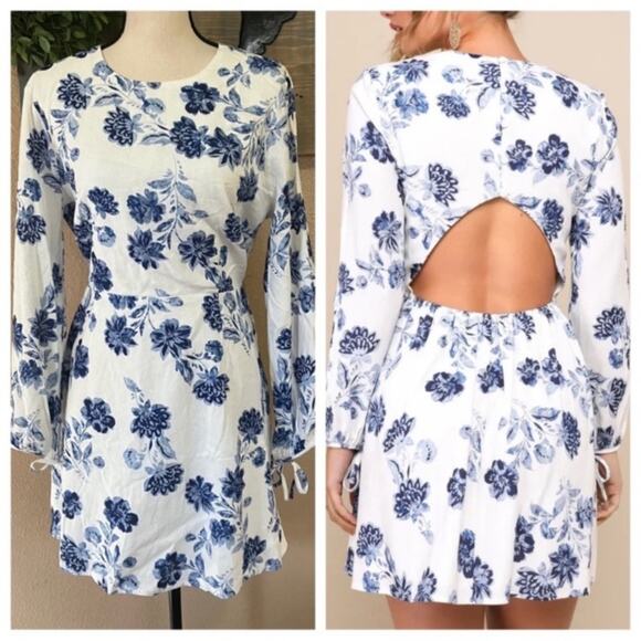 NWOT Lulus Darling Simplicity White and Blue Floral Linen Cutout Mini Dr… - Picture 1 of 11